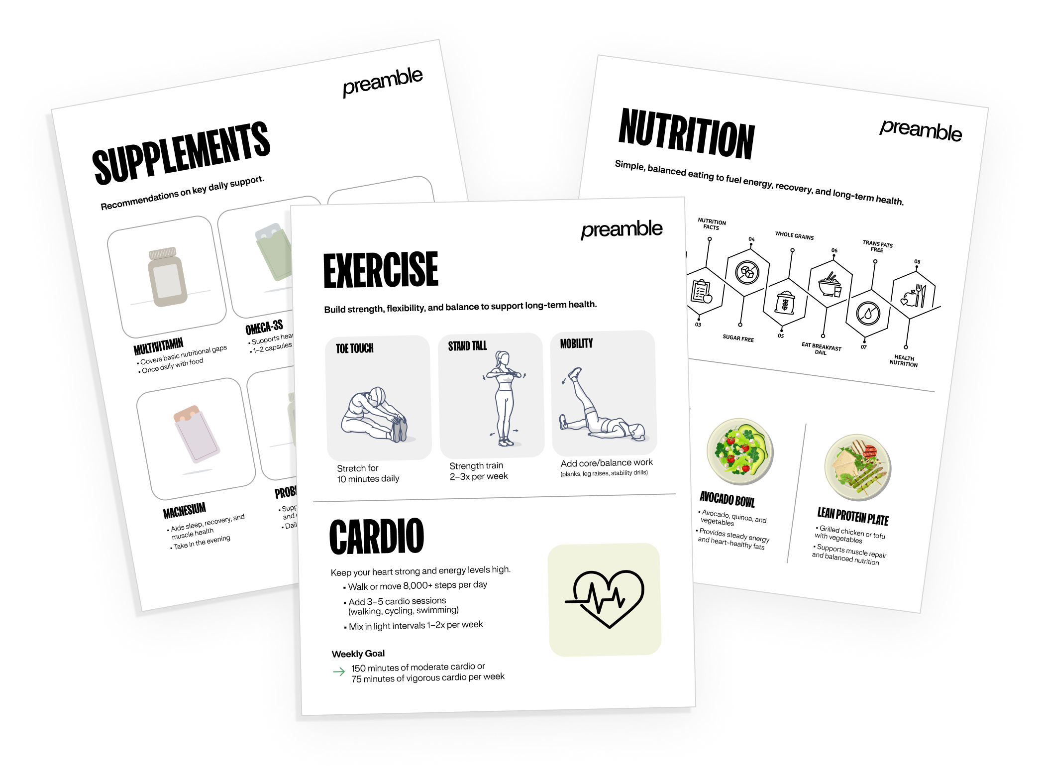 Preamble personalized action plan pages for supplements, nutrition, exercise, and cardio