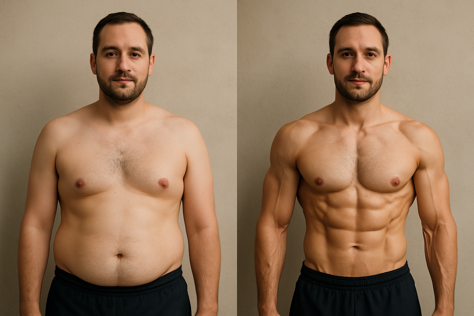 Before-and-after comparison of a man's body composition showing fat loss and muscle gain