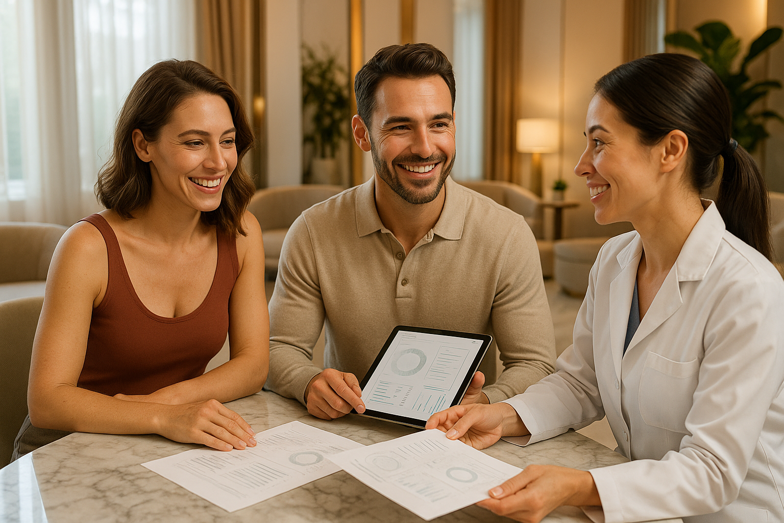 A couple reviewing their test results with a Preamble clinician on a tablet