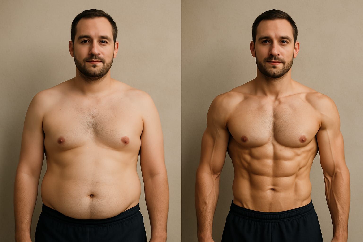 Before-and-after comparison of a man's body composition showing fat loss and muscle gain