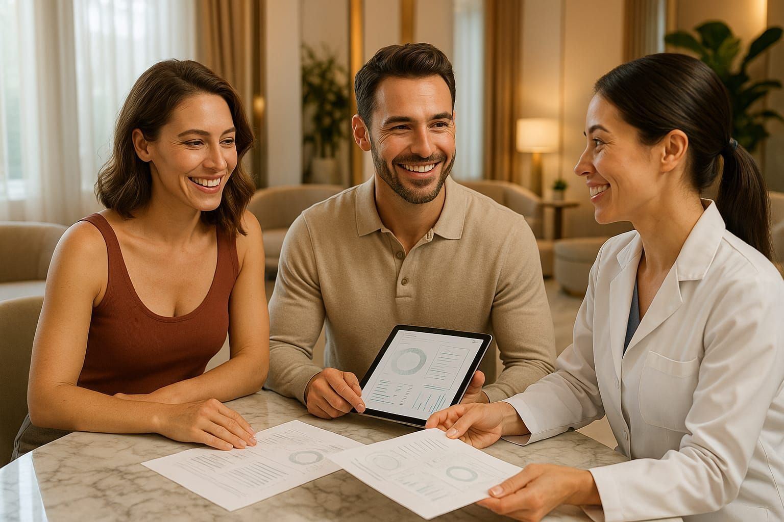 A couple reviewing their test results with a Preamble clinician on a tablet