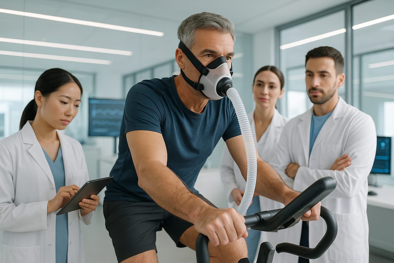 A man undergoing a VO2 max test on a stationary bike while clinicians monitor
