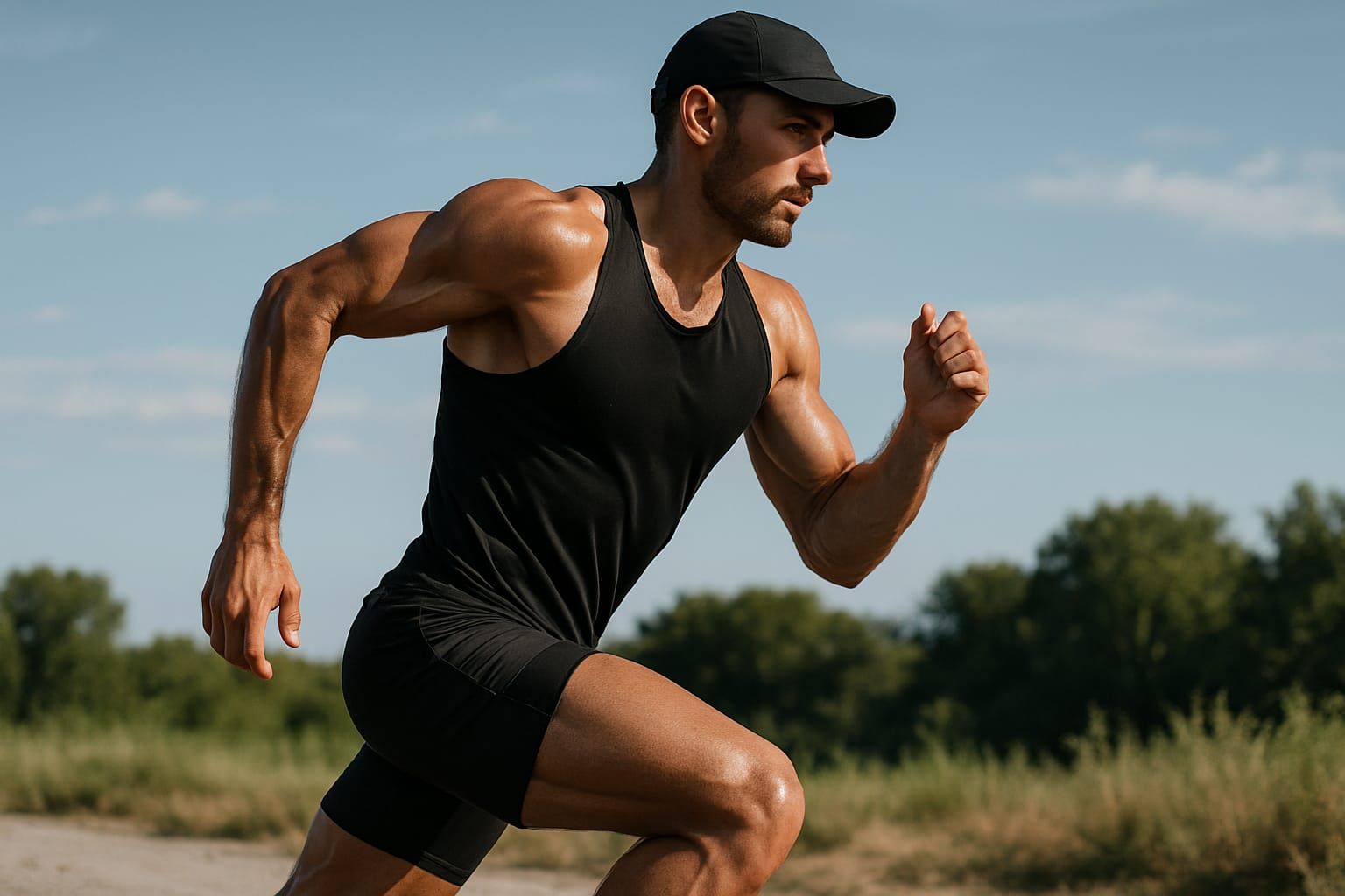 A lean, muscular man sprinting outdoors