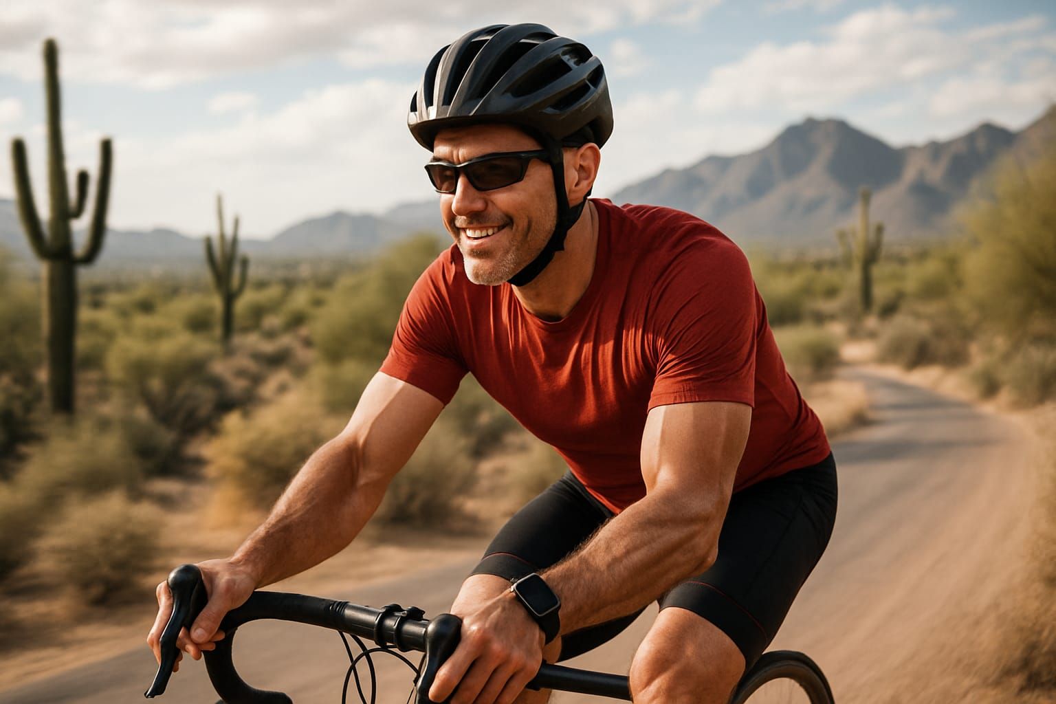 A cyclist riding on a desert road