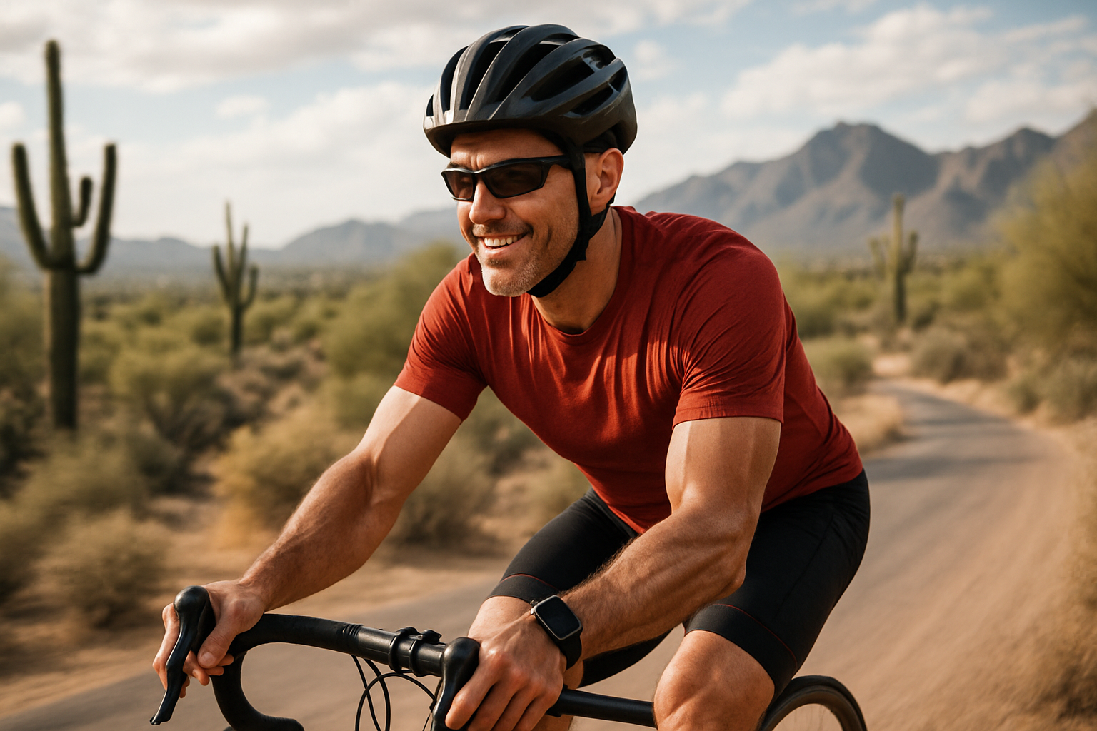 A cyclist riding on a desert road