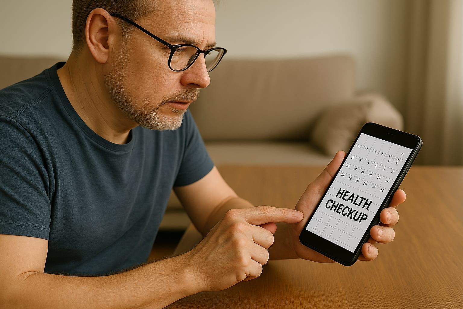 A man reviewing a health checkup reminder on his smartphone