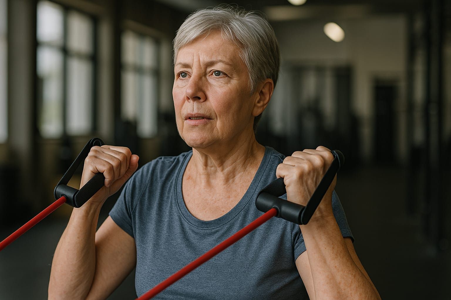 An older woman doing resistance band strength training