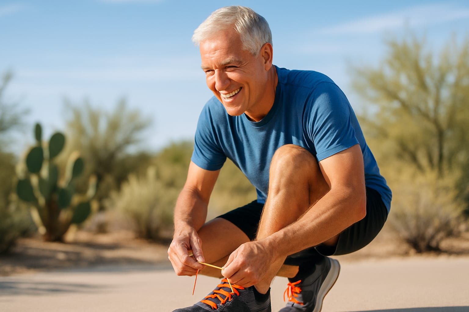 An older man tying his running shoes before a workout outdoors