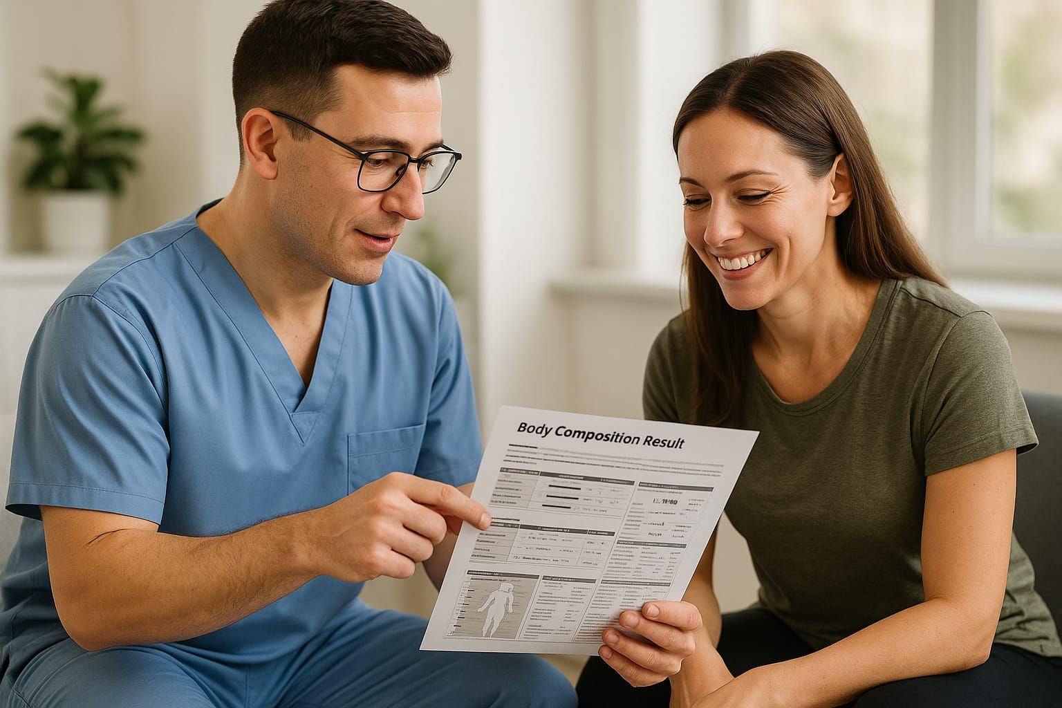 A Preamble clinician reviewing a body composition results report with a patient